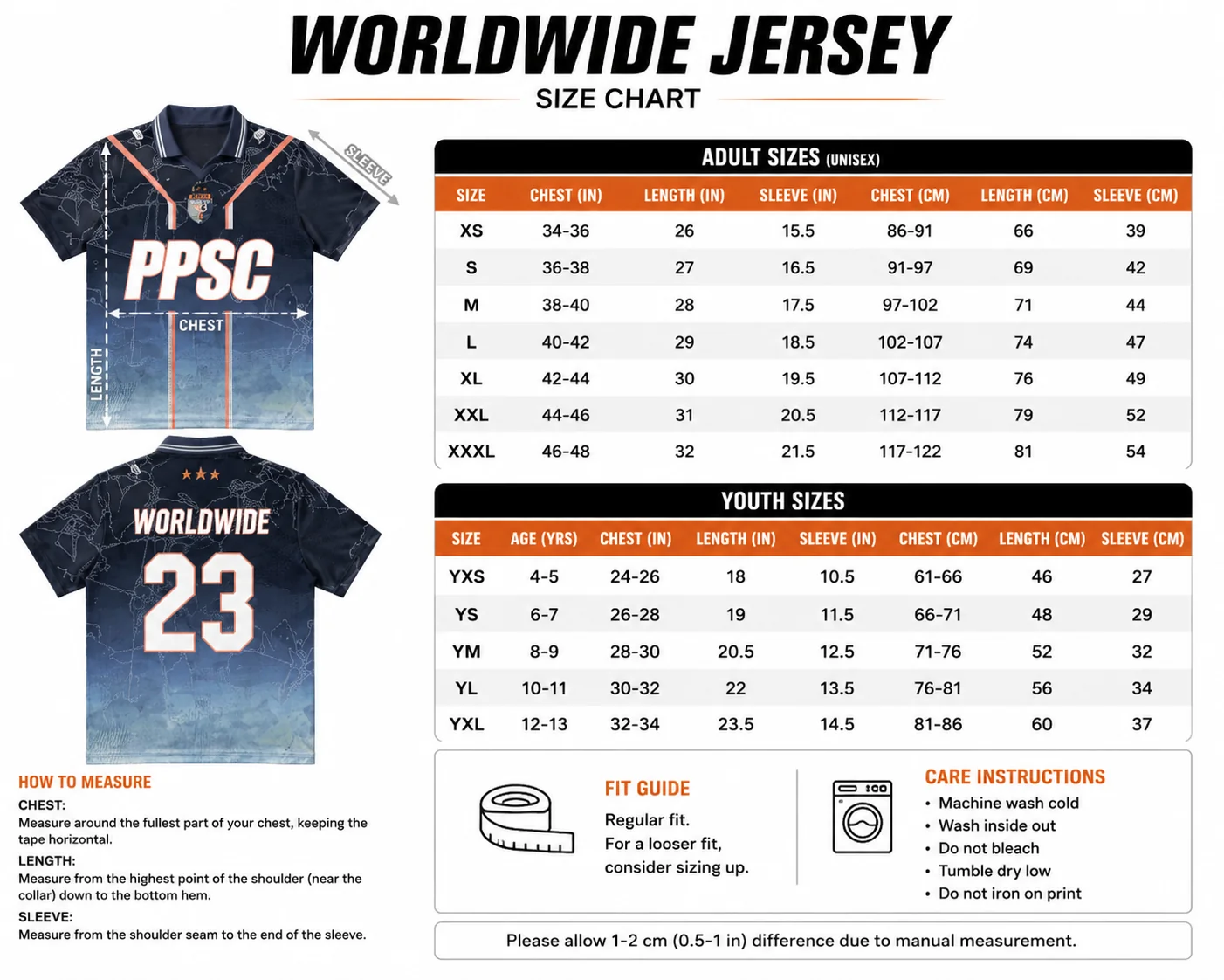 Size chart for WORLDWIDE JERSEY